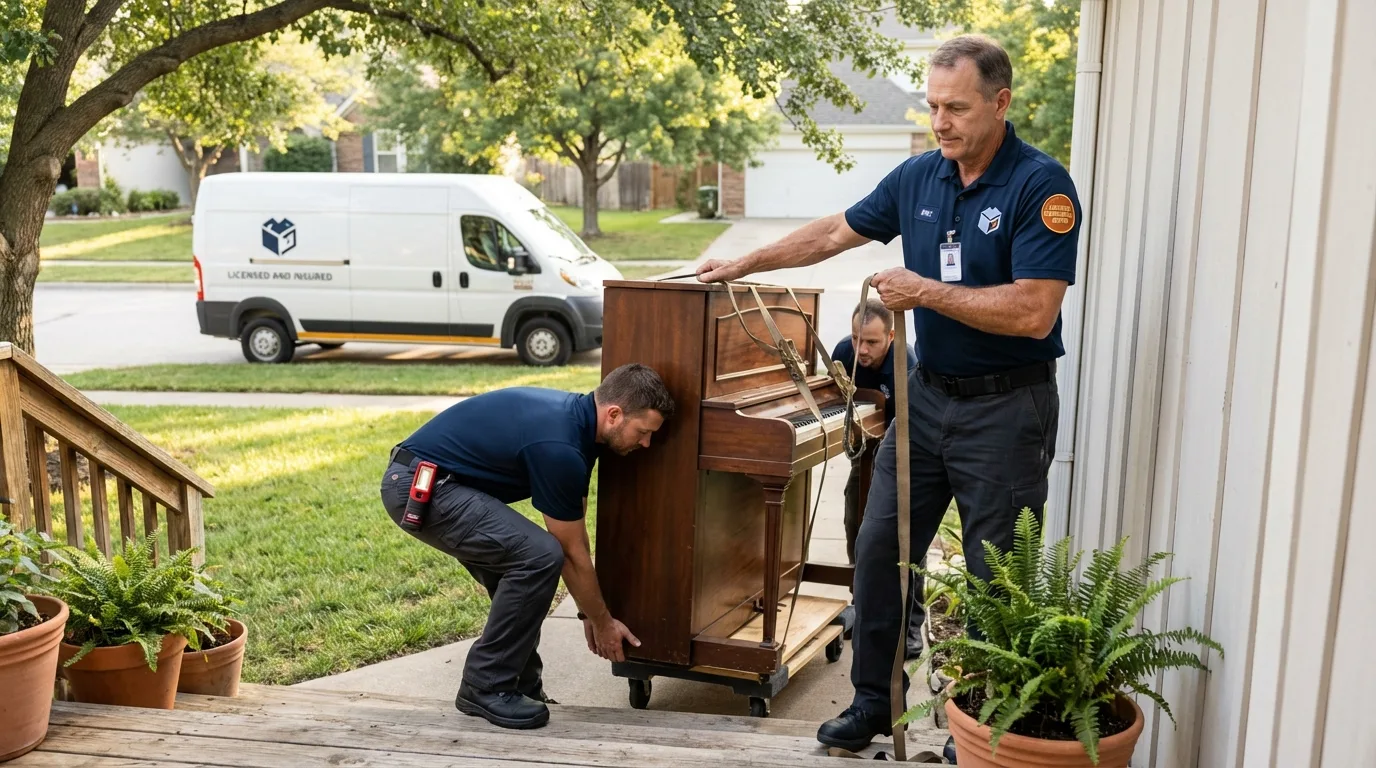 Licensed piano movers securing grand piano in Sunland, CA