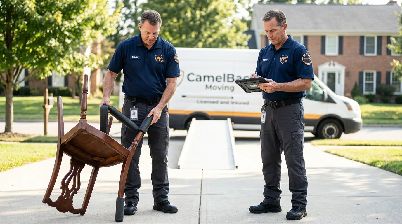 Movers inspecting furniture for damage prevention before loading in Sunland, CA